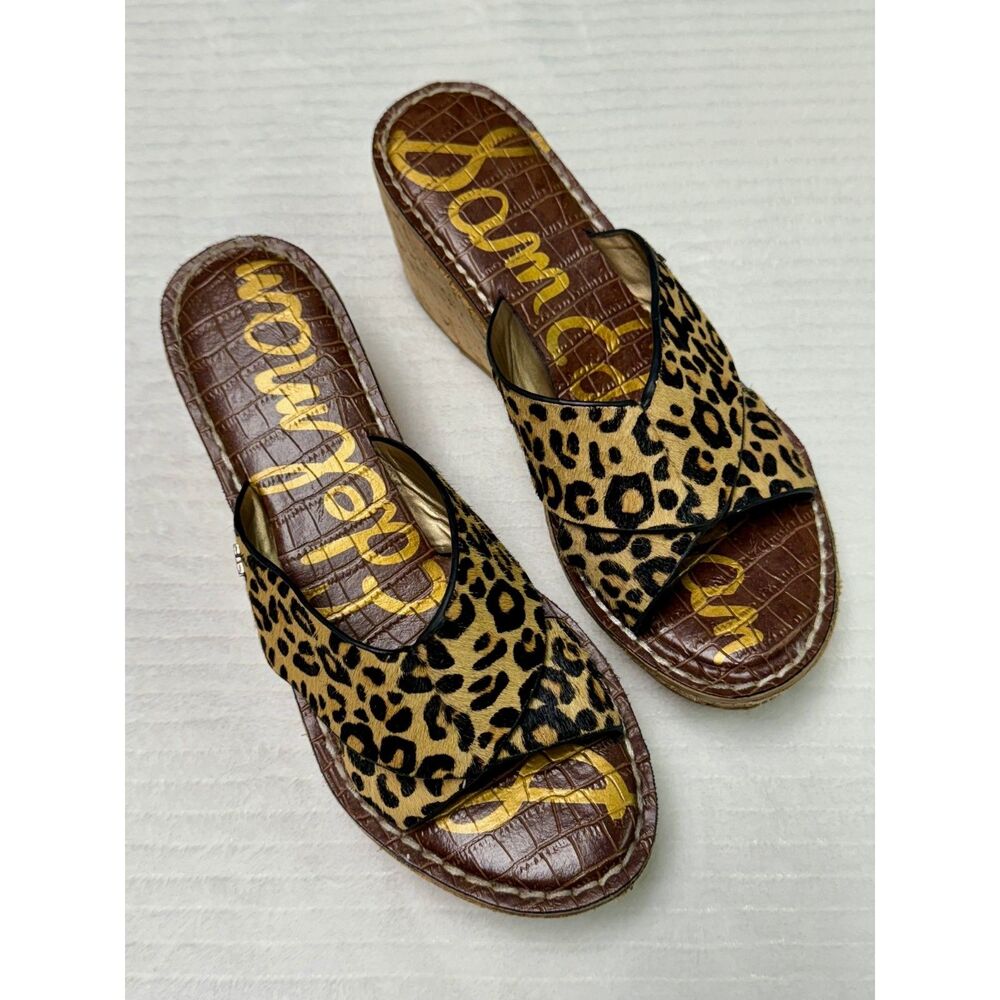 SAM EDELMAN Remini Leopard Calf Hair Cork Wedges, Sz 7.5M